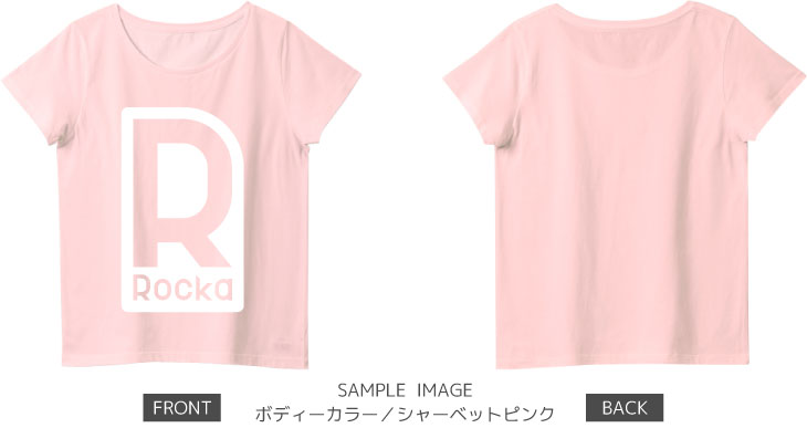 ロゴデザイン：ホワイト：レディースTシャツ：サンプル写真：シャーベットピンク