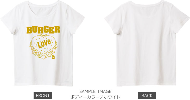 ハート&ハンバーガーデザイン：マスタード：レディースTシャツ：サンプル写真：ホワイト