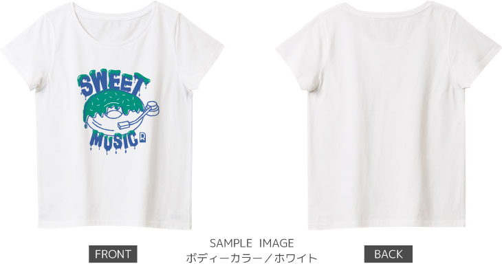 ドーナツ×レコードデザイン：グリーン×ブルー：レディースTシャツ：サンプル写真：ホワイト