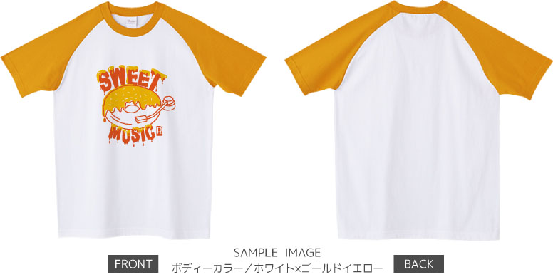 ドーナツ×レコードデザイン：イエロー×オレンジ：ラグランTシャツ：サンプル写真：ホワイト×ゴールドイエロー