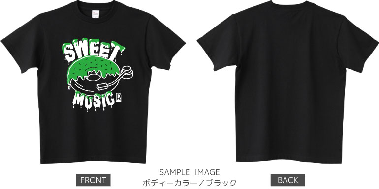 ドーナツ×レコードデザイン：ホワイト×グリーン：Tシャツ：サンプル写真：ブラック