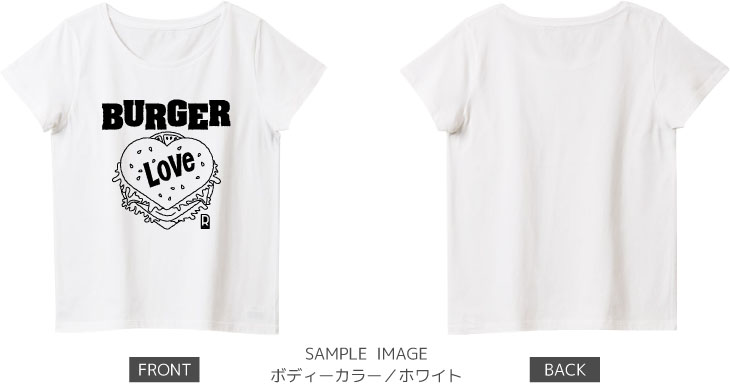 ハート&ハンバーガーデザイン：ブラック：レディースTシャツ：サンプル写真：ホワイト