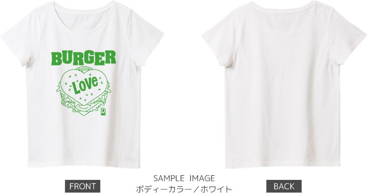 ハート&ハンバーガーデザイン：グリーン：レディースTシャツ：サンプル写真：ホワイト