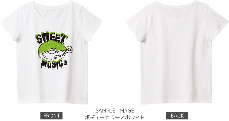 ドーナツ×レコードデザイン：ブラック×グリーン：レディースTシャツ：サンプル写真：ホワイト