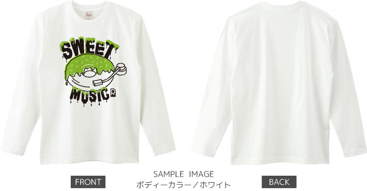 ドーナツ×レコードデザイン：ブラック×グリーン：ロングTシャツ：サンプル写真：ホワイト