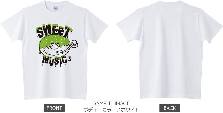 ドーナツ×レコードデザイン：ブラック×グリーン：Tシャツ：サンプル写真：ホワイト