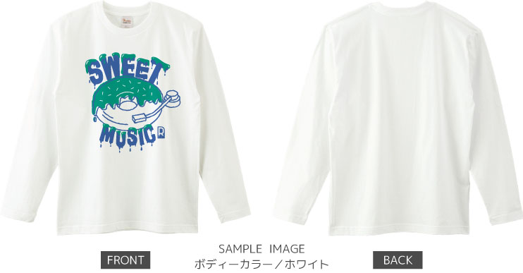 ドーナツ×レコードデザイン：グリーン×ブルー：ロングTシャツ：サンプル写真：ホワイト