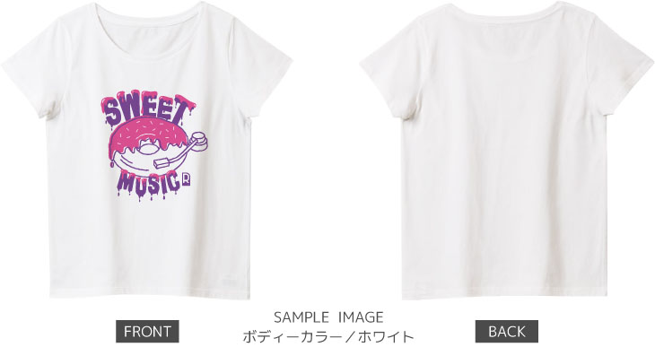 ドーナツ×レコードデザイン：ピンク×パープル：レディースTシャツ：サンプル写真：ホワイト