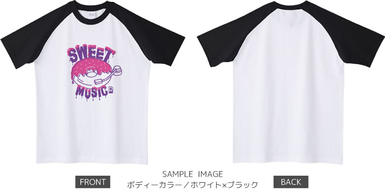 ドーナツ×レコードデザイン：ピンク×パープル：ラグランTシャツ：サンプル写真：ホワイト×ブラック