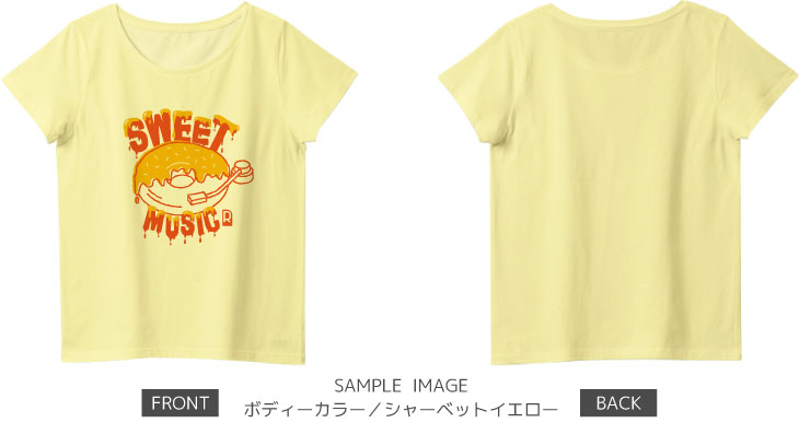 ドーナツ×レコードデザイン：イエロー×オレンジ：レディースTシャツ：サンプル写真：シャーベットイエロー