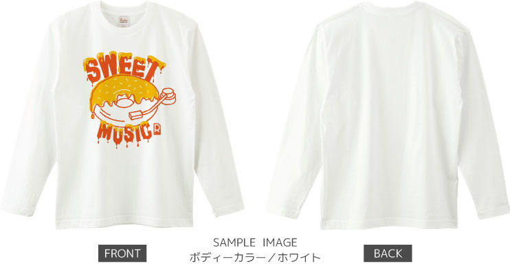 ドーナツ×レコードデザイン：イエロー×オレンジ：ロングTシャツ：サンプル写真：ホワイト