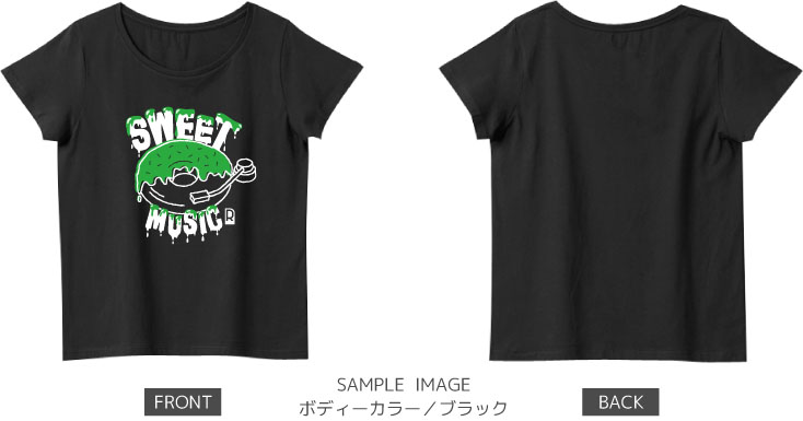 ドーナツ×レコードデザイン：ホワイト×グリーン：レディースTシャツ：サンプル写真：ブラック